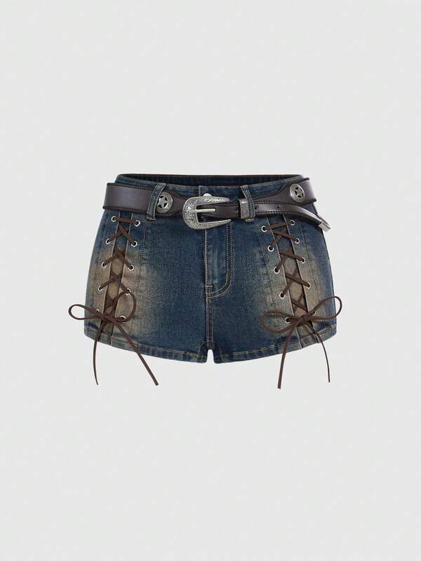 ROMWE Shorts vaqueros de talle bajo estilo vintage hippie chic para mujer