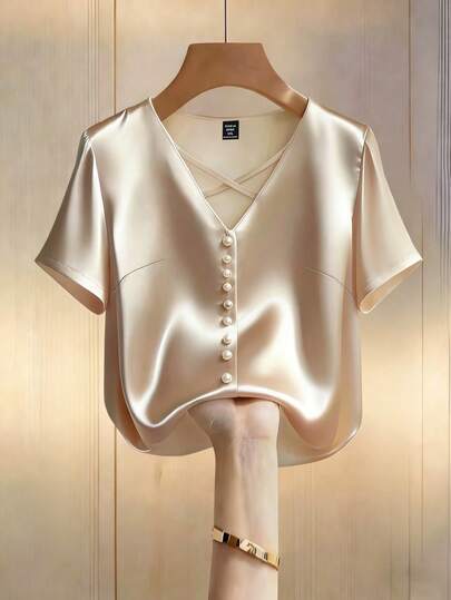 GlowEve CURVE Plus Size Pearl Criss-Cross Satin Silk Glossy Elegant Elegant Casual Commute Date Woven Short Sleeve Regular Shirt Silk Blouse Silk Tops Gold Blouse Satin Tops Pearl Shirt