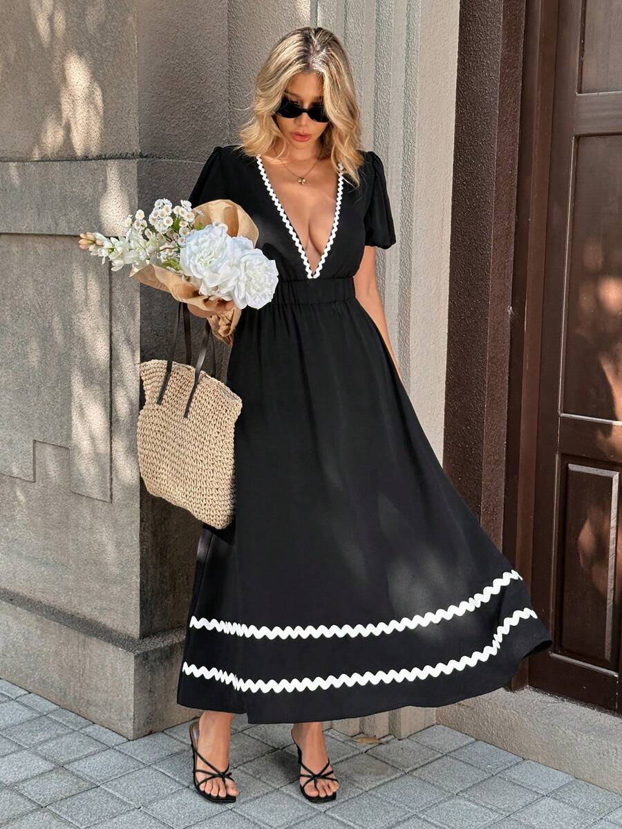 Pariaura French Retro Waist Cinched Long Dress/V-Neck Waist Cinched For Date & Commute/Puff Sleeves/Elegant Dress - Black - View 1