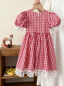 SHEIN Young Girl Young Girl Woven Plaid Round Neck Puff Sleeve Fitted Dress - Red - View 4