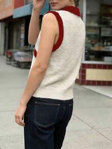 Franclia 2024 Autumn/Winter New Loose Fit Bowknot Colorblock Sleeveless Polo Neck Sweater Vest, Soft & Cozy Knitted Top - Multicolor - View 2