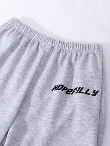 Teen Girls Grey Polyester Raglan Long Sleeve Round Neck Hoodie And Sweatpants Co-Ords With Letter Pattern And Side Stripe For Everyday Casual Style - Grey - View 5