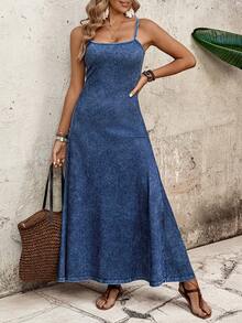 EMERY ROSE 女士纯色休闲百搭牛仔吊带裙 - 藍色 - 查看 1