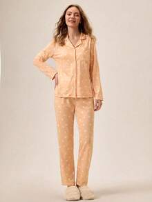 Loomlin Women 2pcs Button Front With Heart Pattern Detail Homewear Pajama Set Heart Pajama Set Long Sleeve Pj Set Soft Pajamas Set Women's Pajama Set - Multicolor - View 5