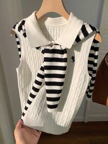 Muchica Women's Casual Everyday Sleeveless Cable Knit Top - Black and White - View 6