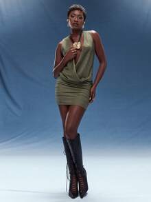 Normani 春夏音乐会女装外出休闲装2000年代Y2K 90年代俱乐部复古锐舞装音乐节老钱街头风嘉年华情人节女装嘉年华服装嘉年华情人节度假装女装优雅沙滩深V领褶皱无袖迷你连衣裙橄榄绿连衣裙 - 橄欖綠 - 查看 4