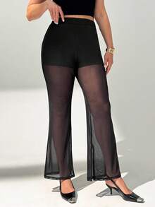 SHEIN Tall CURVE Celana Panjang Wanita Ukuran Besar Warna Cokelat untuk Musim Panas Gaya 70-an, Cocok untuk Pesta, Gym, Rave, dan Rave, Model Flare-Leg Transparan dengan Patchwork Jala, Pinggang Tinggi, Pas untuk Liburan - Hitam - View 3