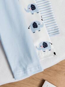 SHEIN Playful Pals 3 Pack Baby Boys Cute Casual Outfits Cartoon Elephant Animal Graphic Print Blue White Striped Pattern Solid Color Long Sleeve Envelope Neck Bodysuits Romper One Piece Jumpsuit Tops Soft Stretchy Infant Daily Playwear Clothes Shower Gift Spring Autumn - Baby Blue - View 6