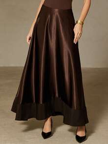 Aveloria Rosie Chân váy công sở tối giản thanh lịch dành cho nữ, chất liệu mềm mại như satin sang trọng và thiết kế cạp rộng phối màu độc đáo. - màu nâu - Xem 4