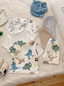 Vintaside Kids Bộ 6 món áo thun ngắn tay cổ tròn và quần short in hình khủng long hoạt hình cho bé trai, thích hợp mặc hàng ngày, ngoài trời, thể thao, đi học, mùa xuân/hè. - Nhiều màu - Xem 2