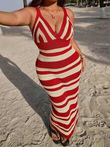 SHEIN EZwear Đầm maxi len móc cỡ lớn dành cho kỳ nghỉ hè - Đỏ và trắng - Xem 10