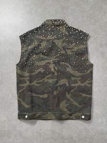 ROMWE MEN Street Life Men's Sleeveless Denim Top With Round Bead Camouflage Decor - Army Green - View 2