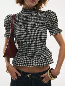 Poéselle Women's Casual Plaid Ruffle Hem Puff Sleeve Cotton  Blouse, Summer - Black - View 6