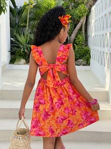 Vestido casual de vacaciones con estampado floral naranja-rojo sin espalda y lazo para niña preadolescente - Naranja - Ver 1