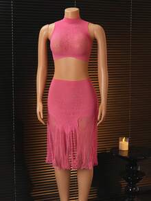 2pcs/Set Women's Stand Collar Tank Top And Mini Skirt Sexy Mesh Outfit - Pink - View 6