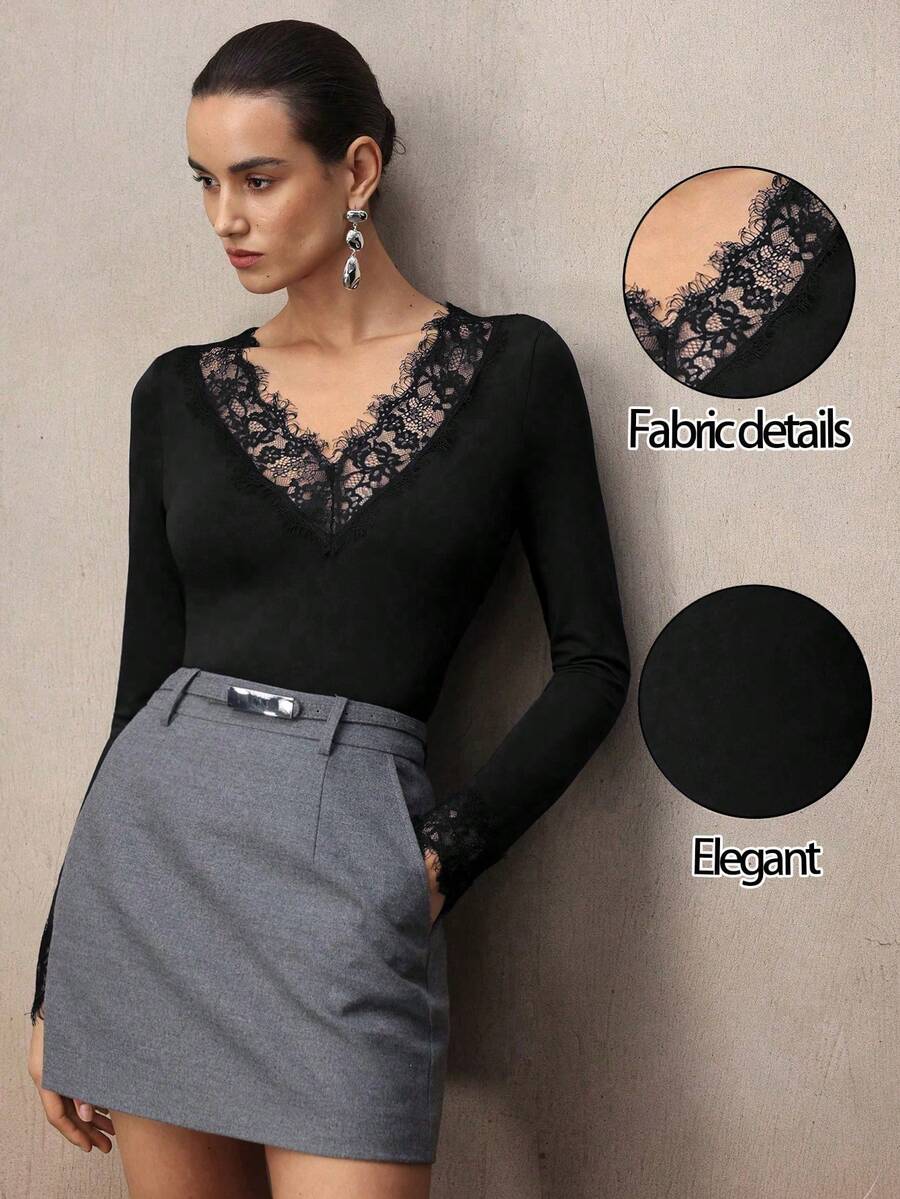 NOVVYNE 深V领蕾丝边性感优雅修身T恤，舒适藏蓝色上衣 - 黑色 - 查看 1