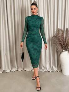 Lavishia Đầm ôm sát in họa tiết trừu tượng thời trang nữ - màu xanh lá - Xem 6