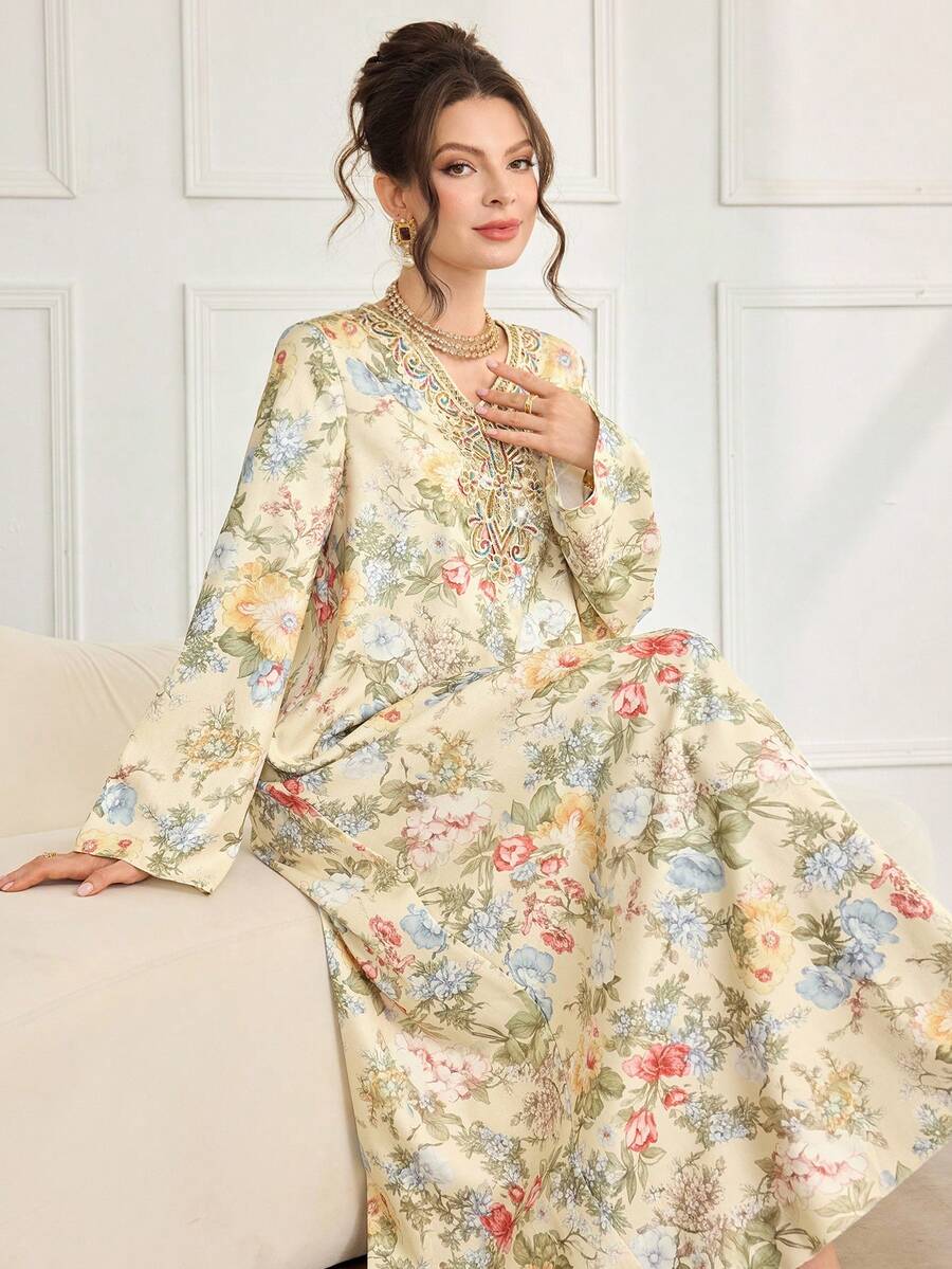 Al Najma Đầm dài tay in họa tiết hoa cổ điển cổ điển dành cho nữ, phù hợp cho các buổi đi chơi hàng ngày và phong cách Ả Rập - Nhiều màu - Xem 1