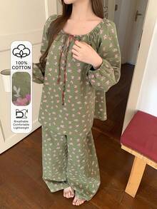 DAZY Ditsy Floral Ruched Drawstring Neck Lantern Sleeve Loose Women Pajama Set - Green - View 1