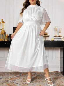 SHEIN CURVE+ 大码女装春夏优雅浪漫气质日常通勤海滩度假立领褶皱高腰A字伞裙喇叭袖白色长裙 - 白色 - 查看 6