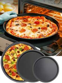 1pc/3pcs 10/11/12-Inch Black Carbon Steel Pizza Pan, Pizza Baking Tray, Non-Stick Pizza Mold, Suitable For Pizza, Cake, Bread, Roast, Round Baking Tray, Oven Tray, Pizza Plate, Pizza Mold, Baking Set - Multicolor a - View 1