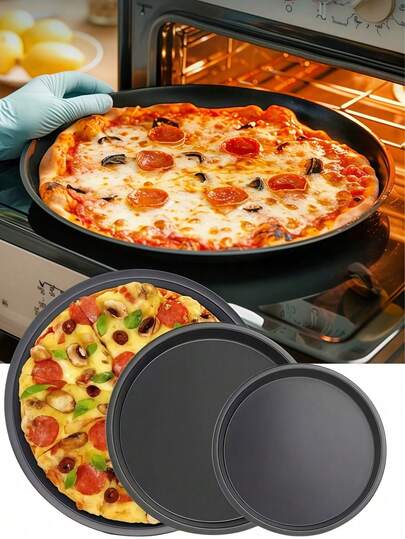 1 pieza/3 piezas Bandeja para pizza de acero al carbono negro de 10/11/12 pulgadas, bandeja para hornear pizza, molde para pizza antiadherente, apto para pizza, pastel, pan, asado, bandeja de horneado redonda, bandeja para horno, plato para pizza, molde para pizza, set de horneado