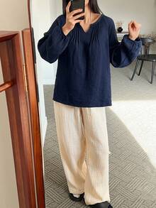 DAZY Wabi-Sabi Style Pleated Texture Fabric Lantern Sleeve Loose Women's Pajama Set - Navy Blue - View 5