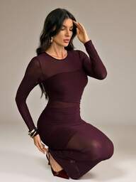 SHEIN Tall Women's Solid Color Round Neck Long Sleeve Pleated Mesh Fitted Dress Slim Fit Dress/Women's Birthday Dress/Women's Birthday Dress, Suitable For Daily, Dating, Going Out, Nightclub, Party, Autumn, Women's Autumn Dress,Fall Dresses For Women