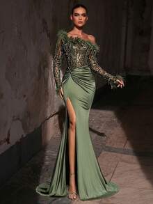 Glamrae Elegant Formal Sexy Pearl Sequin Embroidered Strapless Mermaid Dress Ruched Elastic Knit Gown Furry Twist Sleeve Wedding Prom Rehearsal Dinner Party - Army Green - View 6