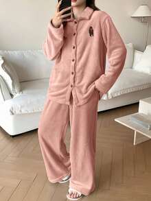 DAZY 2 Stücke/Set Plüschbär Muster bestickte Dekoration Damen Pyjama Set, Winter - Pink - Übersicht 4