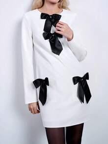 Maija 女士浪漫优雅撞色蝴蝶结装饰长袖迷你连衣裙，派对/生日装扮，情人节，节日 - 白色 - 查看 1