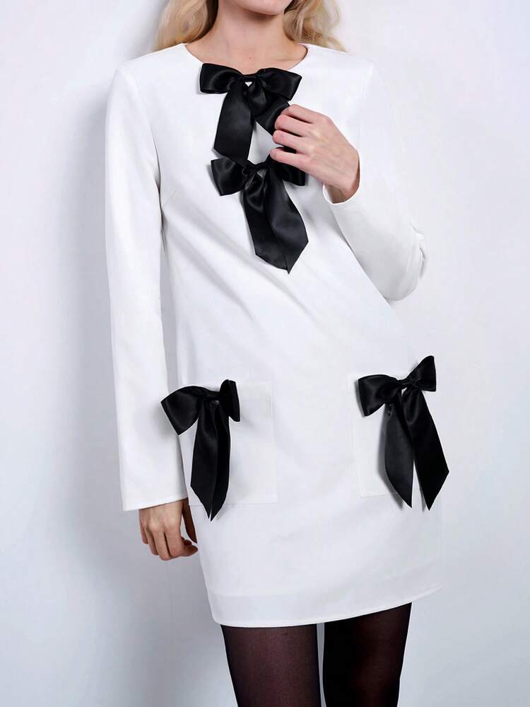 SHEIN Maija Women's Romantic Elegant Contrast Color Bow Decor Long Sleeve Mini Dress, Party/Birthday Outfit Valentines Day,Festival