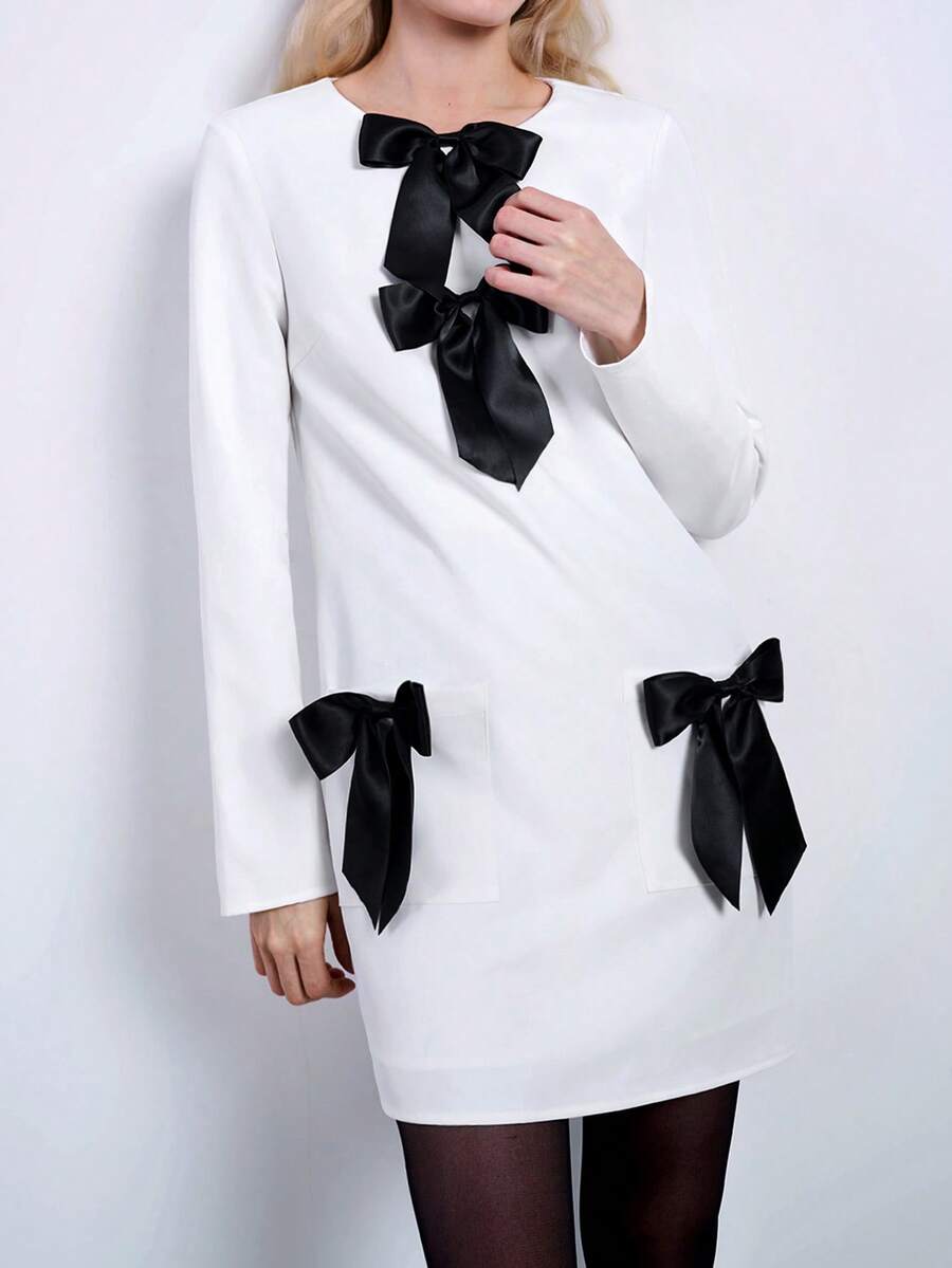 Maija 女士浪漫优雅撞色蝴蝶结装饰长袖迷你连衣裙，派对/生日装扮，情人节，节日 - 白色 - 查看 1