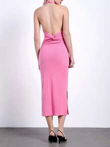 Maija Đầm mini màu hồng không tay, xếp ly, xẻ tà bên hông, khoét lưng, thời trang, đa năng dành cho nữ, thích hợp cho dịp năm mới, ngày lễ tình nhân và các lễ hội. - Hồng - Xem 4