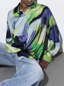 Maija 女士时尚百搭扎染印花缎面单排扣翻领长袖衬衫，春季 - 彩色 - 查看 4
