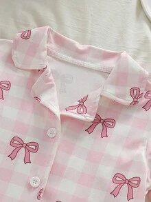 2件套女婴可爱格子蝴蝶结印花短袖开衫上衣和短裤舒适睡衣套装 - 淺粉色 - 查看 4