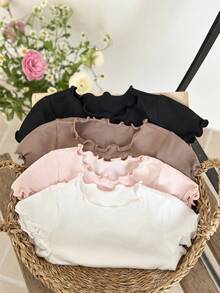 SHEIN LMoss Kids 4件組女嬰純色針織荷葉邊上衣套裝，嬰兒上衣，女嬰上衣，女嬰 - 彩色 - 查看 5