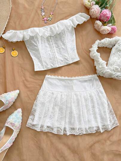 Soleia New Women's Off-Shoulder Lace Tie Strap Camisole Top + Women's Skirt, Versatile Outfit For Bohemian, Boho, Romantic Floral, Vacation, Floral Occasions Like Parties, Dates, Valentine's Day, Easter, Carnival, Afternoon Tea, Beach, Cruise, City Vacation,Carnival