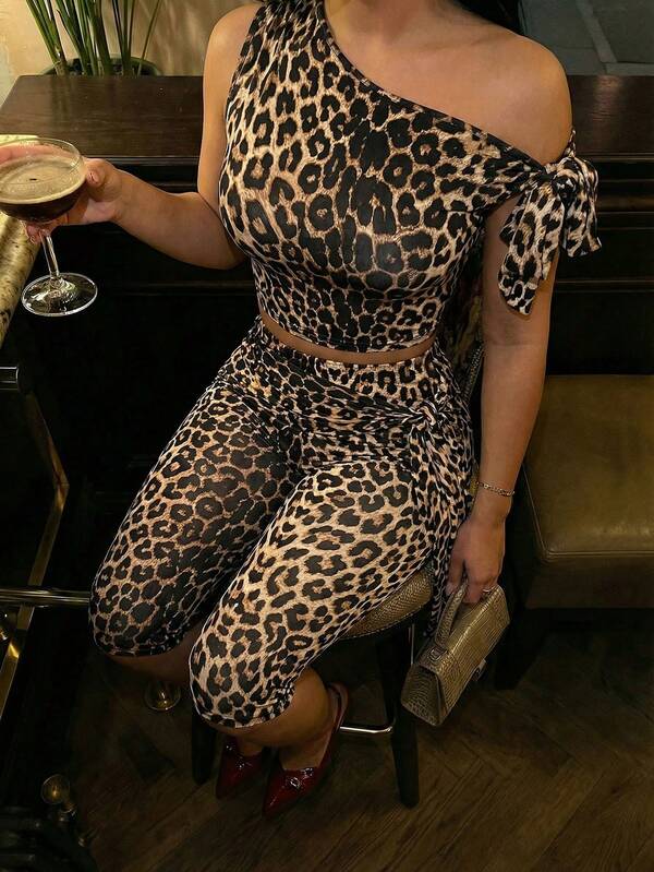 SHEIN SXY Casual Leopard Print Asymmetric Tie Front Crop Top And Skinny 7/8 Pants Set, Leopard Print Two Piece, Woman 2 Piece Set, Animal Print Outfit, Leopard Set,Summer