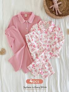 Cozy Pixies 4pcs Baby Girl Floral Print Knit Soft Collared Long Sleeve Top & Elastic Waist Pants Set - Multicolor - View 7