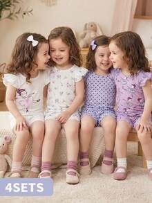 SHEIN 8pcs/Set Baby Girls 0-3 Years Spring/Summer Casual Daily Wear Cute Ballet Girl Sleeveless Tee Shirt & Shorts 8pcs Outfit Set - Mauve Purple - View 2