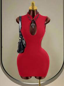 Mistrie 冬季新款中国风旗袍领镂空露背修身迷你连衣裙 - 紅色 - 查看 5