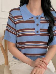DAZY Women's Polo Collar Short Sleeve Striped Casual Pullover Sweater - Blue - View 7