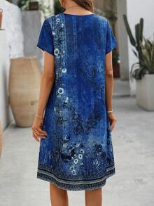 EMERY ROSE Đầm ngắn tay mùa hè cho nữ với họa tiết hình học, đầm hè phong cách boho, đầm thường ngày ngắn tay mùa hè cho nữ, đầm thường ngày cho nữ. - Màu xanh lam - Xem 2