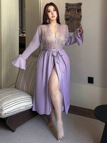 Dazy Plus Elegant Contrast Lace Sexy Waist Cinched Long Sleeve Maxi Plus Size Women Nightgown, Spring/Summer Pajamas - Purple - View 6