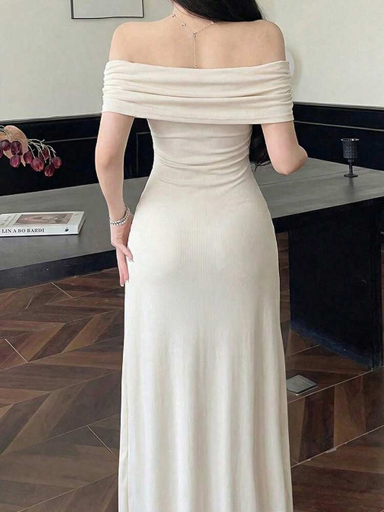 Modelyn Apricot Long Sleeve Off Shoulder Maxi Dress Women's Elegant A-Line Gown With Sequin Embellishment - Apricot - View 2