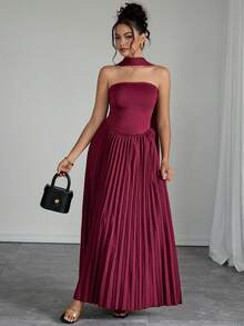 Rafferiza Elegant Burgundy Long Pleated Shoulder Dress, Formal Party Cocktail Dress For Women - Burgundy - View 5