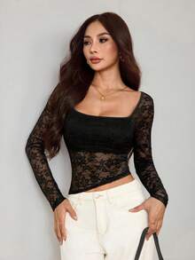 SHEIN PETITE Women's Floral Lace Asymmetric Hem Fitted Long Sleeve T-Shirt See Through Top Lace Crop Top Lace Long Sleeve Top - Black - View 6