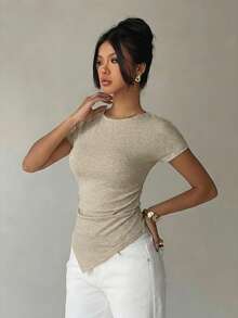 Aloruh 女士纯色圆领短袖褶皱不对称下摆休闲T恤 - 杏色 - 查看 6