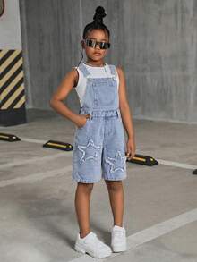 少女时尚休闲 Y2K 复古酷炫街头宽松舒适流苏星形蓝色牛仔抽绳短裤，适合少女日常穿着，也适合春夏派对、节日和街头服饰，2026 春夏新款 - 藍色 - 查看 3